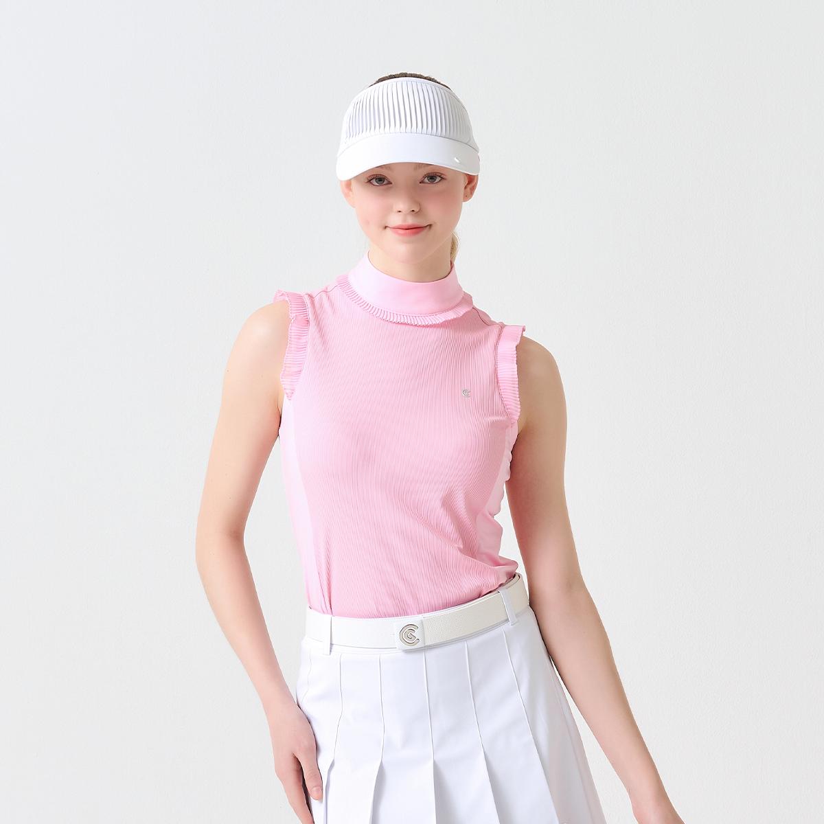 넥라인 어깨 프릴 여성 민소매 티셔츠_CGWTS223780PK